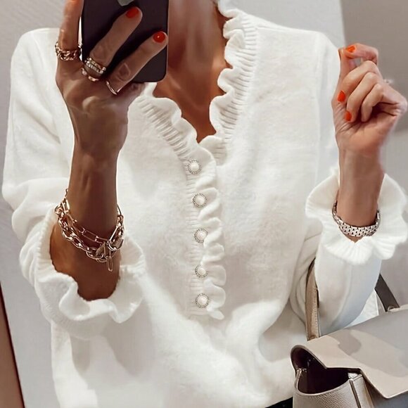 White Casual Women's Autumn/Winter Solid Color Frilled Edge V-Neck Sweater - Picture 1 of 6
